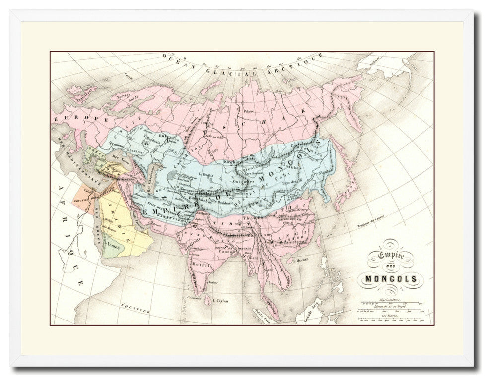 Mongolian Empire Asia Old Map Print On Canvas With Picture Frame 28" X 37"