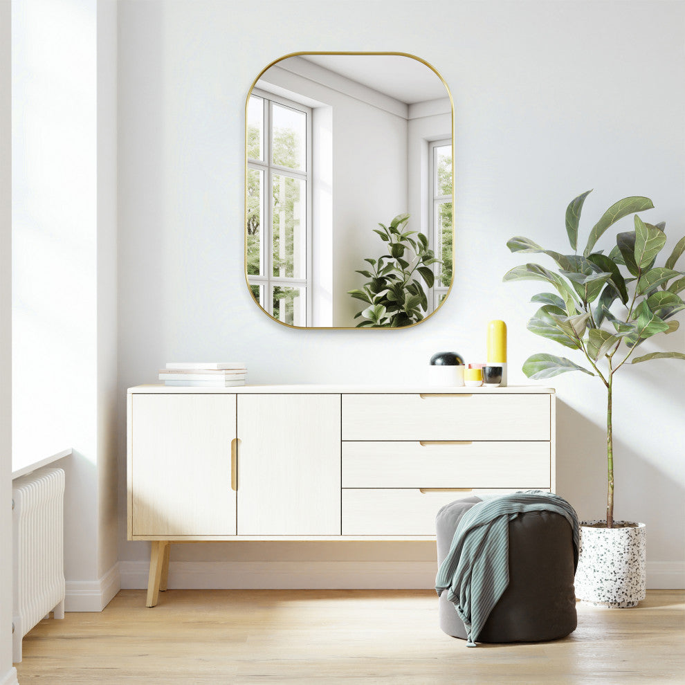 Trielle Rectangular Framed Bathroom Wall Mirror, Brushed Gold, 24"