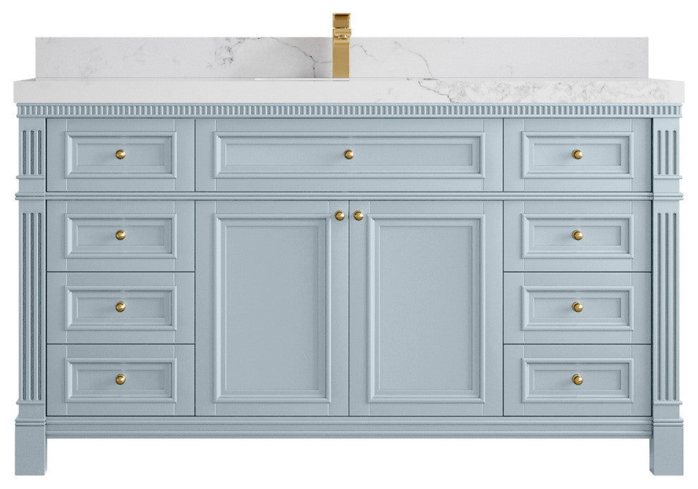 Paris 60" Single Sink Bathroom Vanity, Blue Heather 2" Calacatta Nuvo