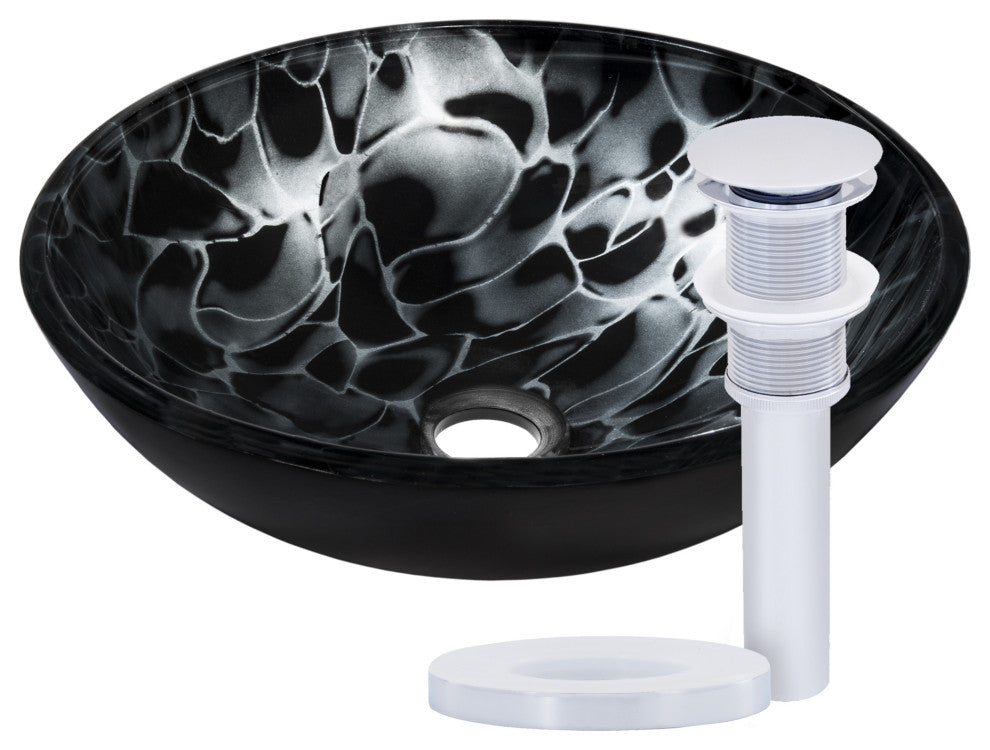 Tartaruga Hand Painted Tempered Glass Vessel Bathroom Sink and Drain, Chrome