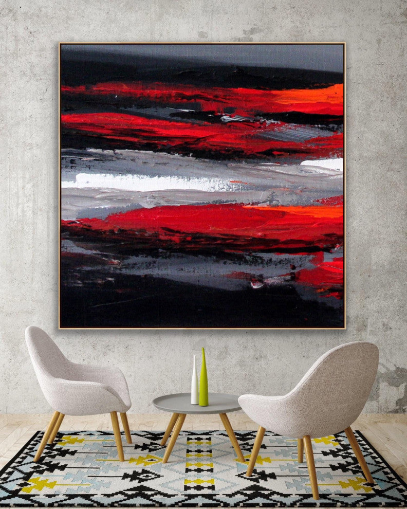 60x60 IN Black red gray abstract Art Large Modern Painting Wall Art Decor