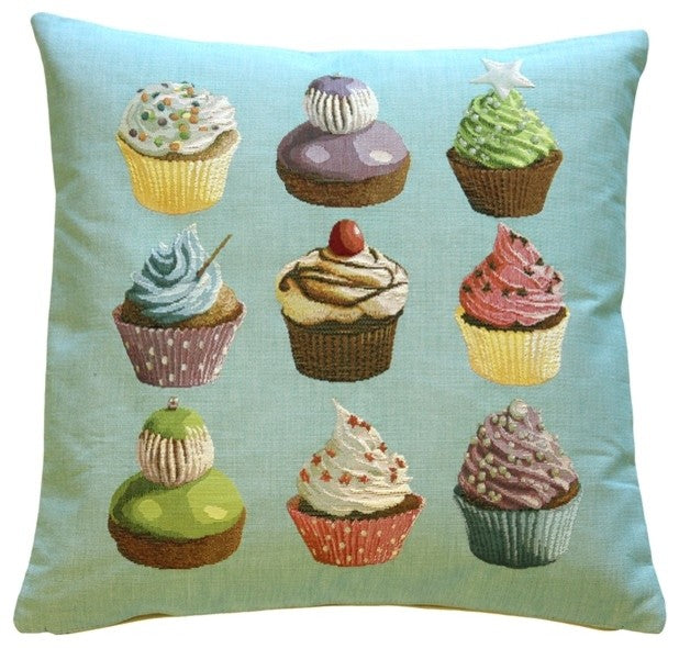 Pillow Decor - Cupcakes on Blue French Tapestry Throw Pillow
