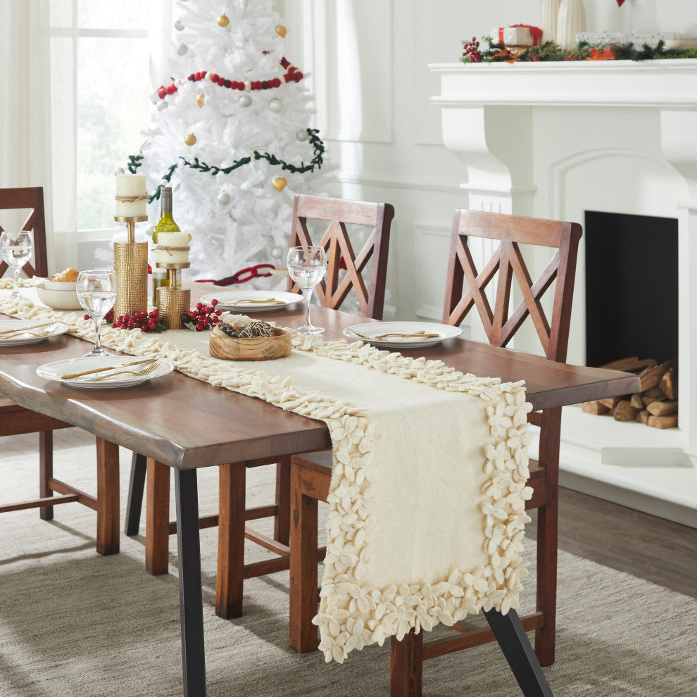 Hand Felted Wool Floral Border Table Runner in Cream, 16x90"