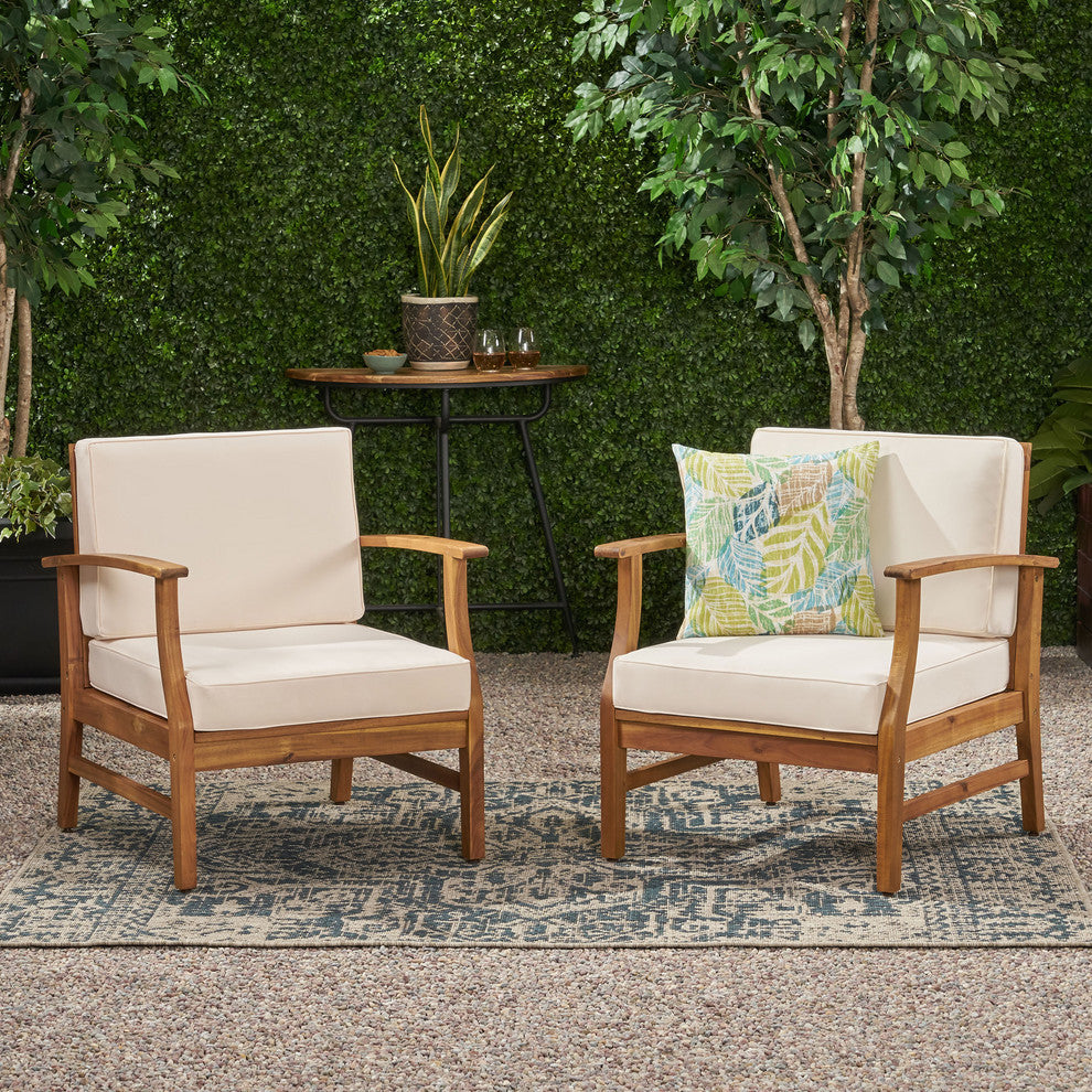 GDF Studio Pearl Outdoor Teak Acacia Wood Club Chairs With Cushion, Cream, Set of 2