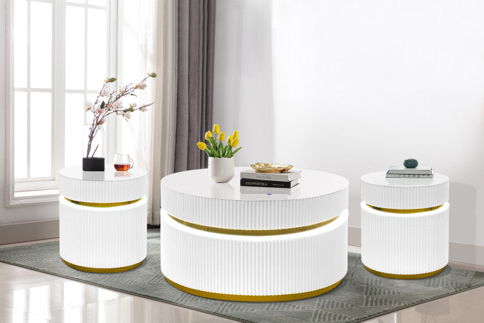 Tavita 3-Piece Round Coffee Table Set With Glass Top and LED Lights