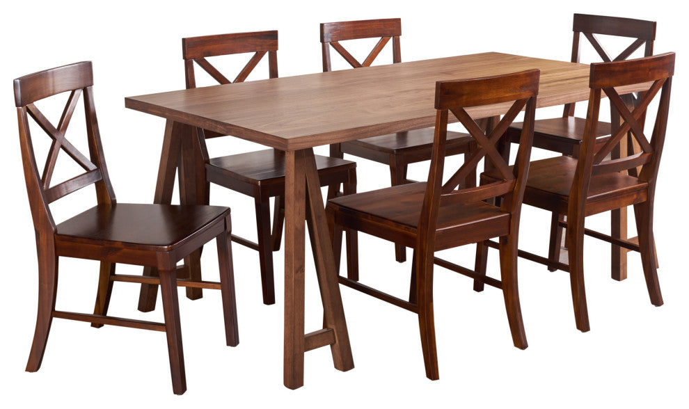 GDF Studio 7-Piece Sambora Farmhouse Dining Set With Rich Mahogany Chairs, Natural Walnut