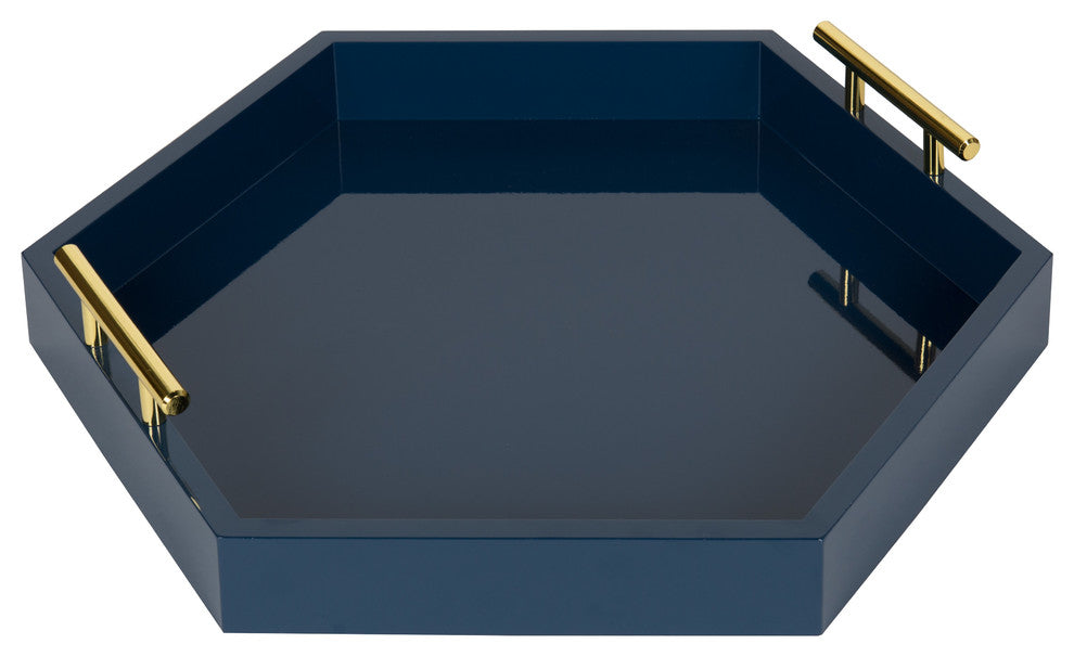 Lipton Hexagon Decorative Tray with Metal Handles, Navy Blue, Gold