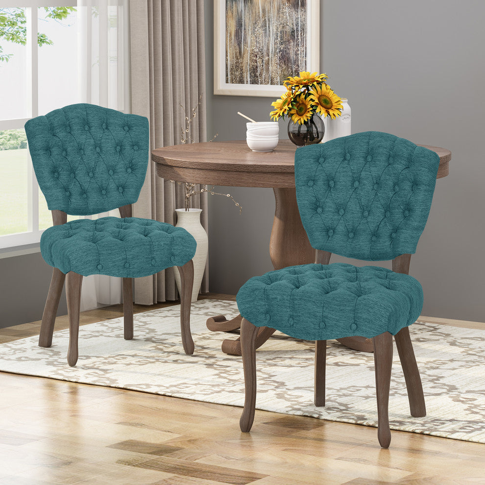 Case Tufted Dining Chair With Cabriole Legs, Set of 2, Teal, Brown Wash Finish