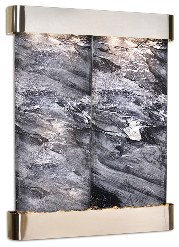 Majestic River Water Fountain, Black Spider Marble, Stainless Steel, Round Edges