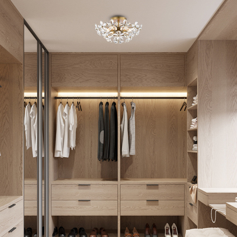 Grace 6-Light Crystal Glass Flower Flush Mount, Brushed Brass Finish