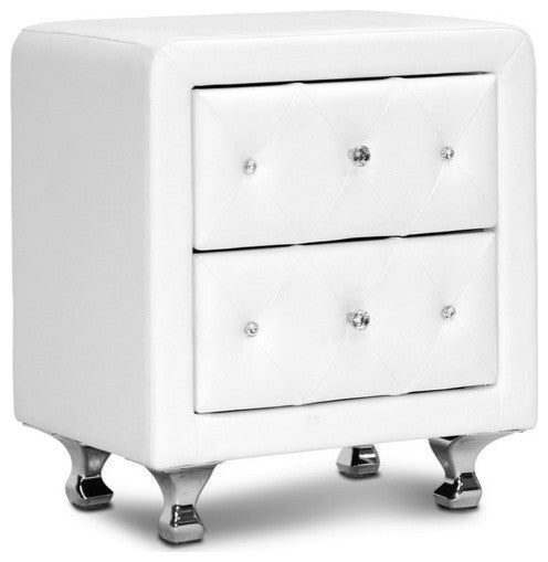 Baxton Studio Stella Crystal Tufted White Upholstered Modern Nightstand