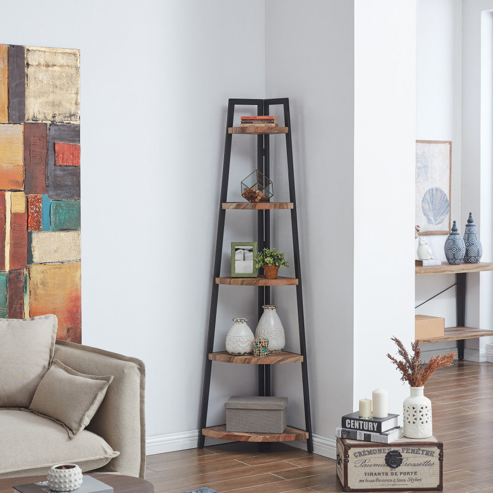 Danya B. Free-Standing 5-Tier Pyramid Corner Shelf, Brown