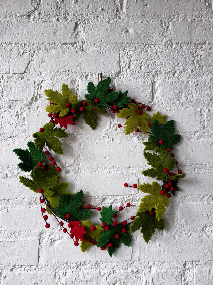 Maple Leaf Wreath with Berries in Hand Felted Wool - 12"