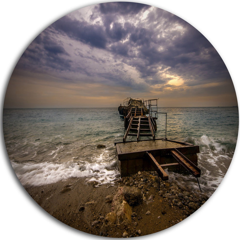 Broken Wooden Pier For Boats, Sea Bridge Round Metal Wall Art, 36"