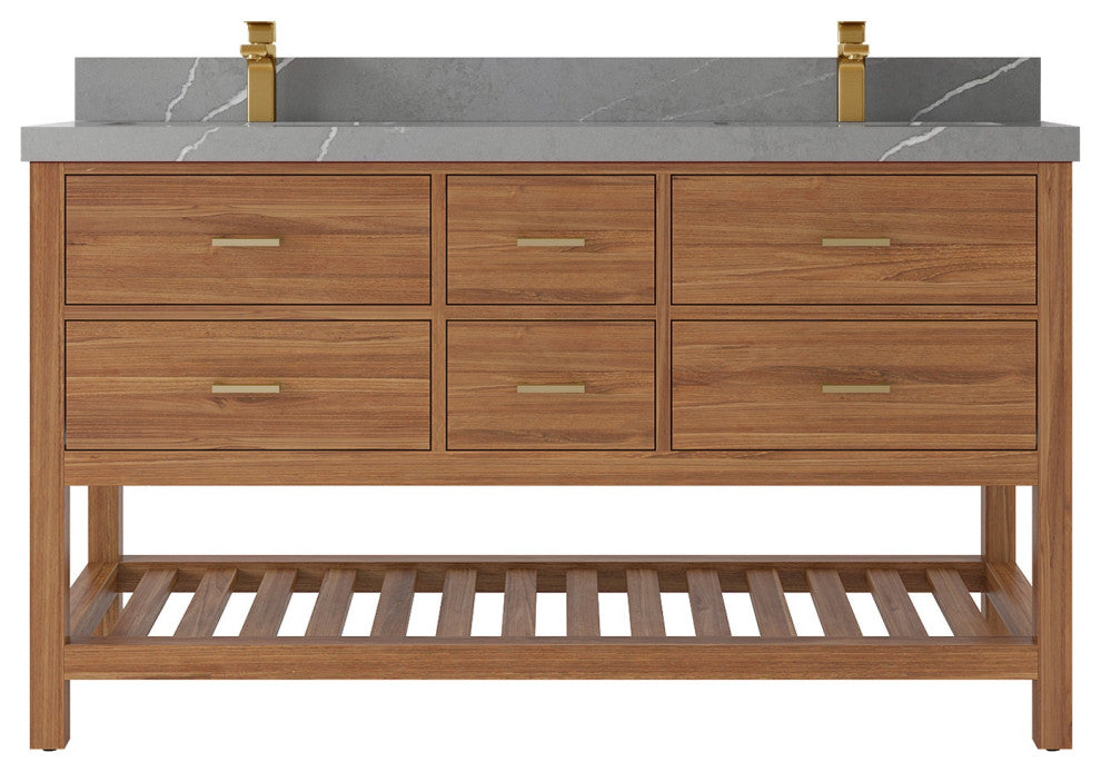 Parker Teak 60" Double Sink Vanity, Golden Teak, 2" Piatra Gray Quartz