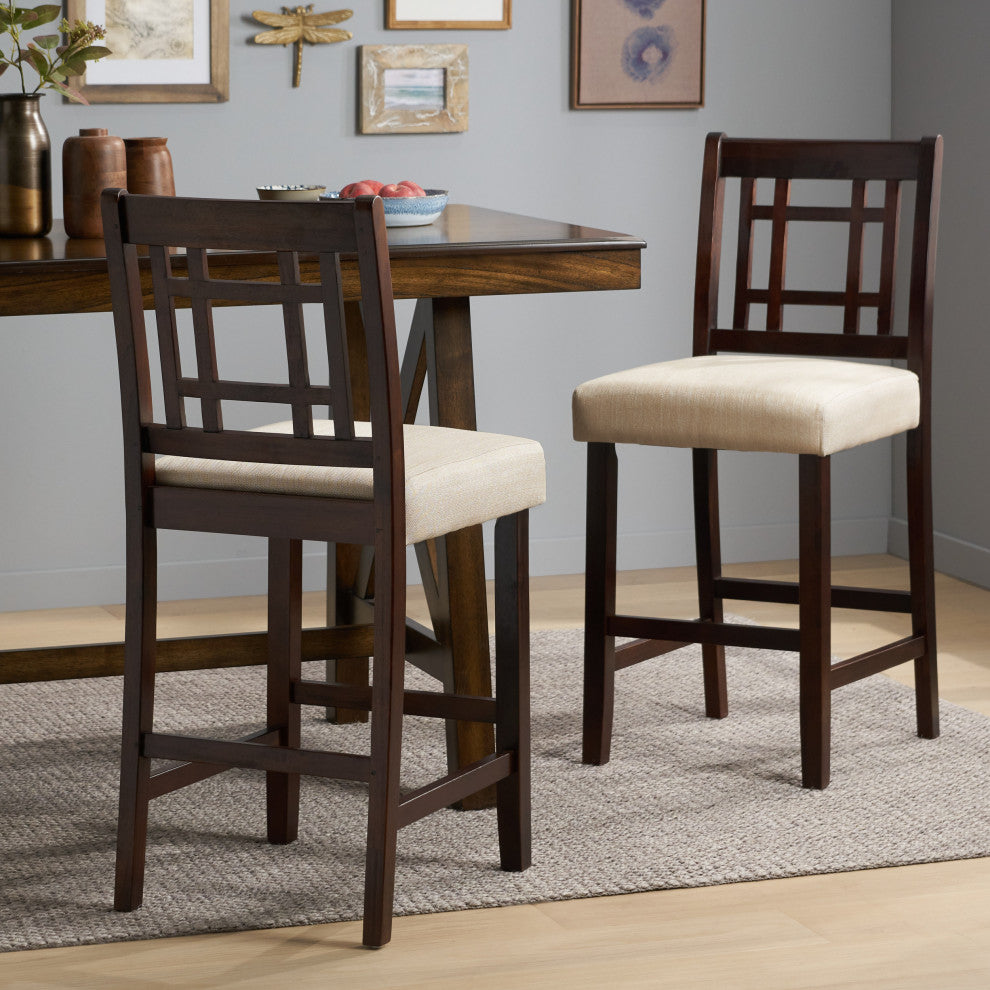 GDF Studio Etodens Mahogany Acacia Counter Stool with Beige Cushions, Set of 2