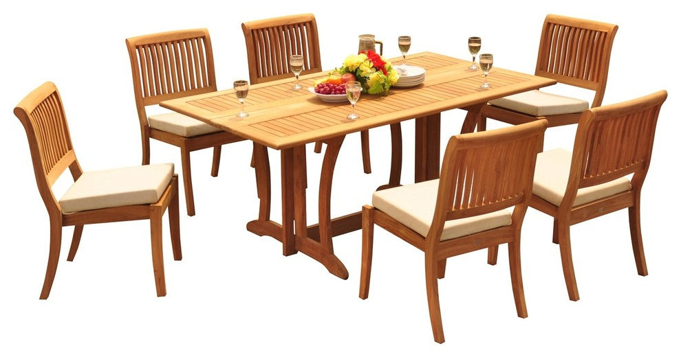 7-Piece Outdoor Teak Dining Set, 69" Table, 6 Arbor Stacking Armless Chairs