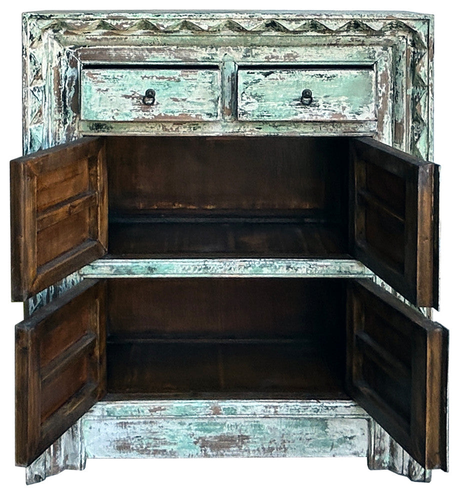 Distressed Turquoise Green Geometric Edge Credenza Storage Cabinet