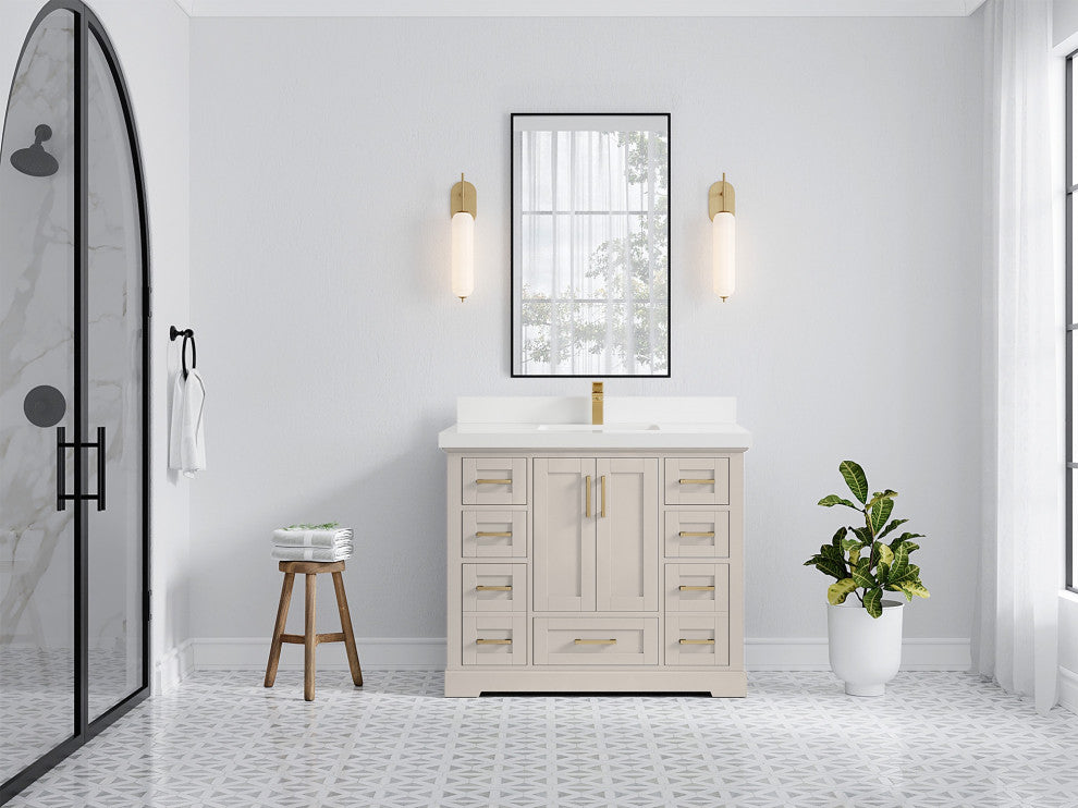 Boston 42" Single Sink Bath Vanity in Fine Grain 2" White Quartz