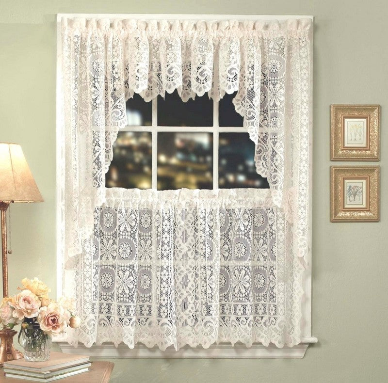 Hopewell Lace Cream Kitchen Curtain, 36" Tier