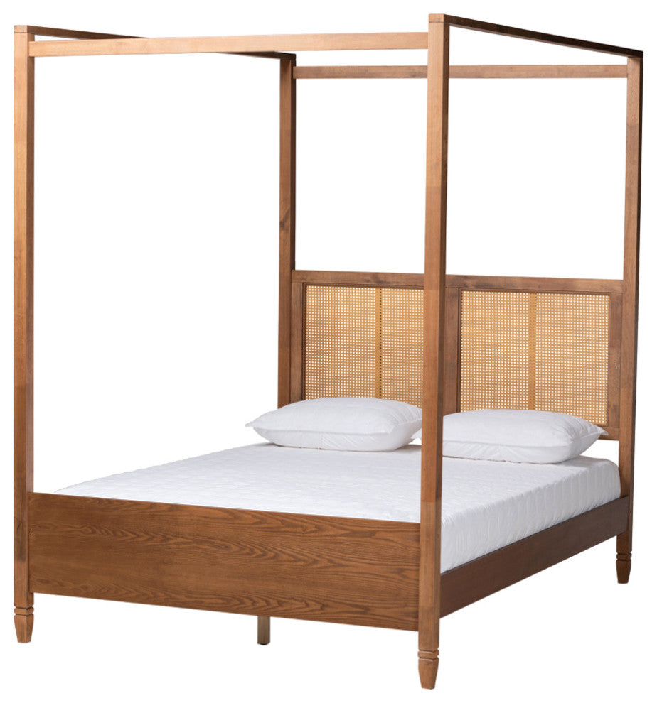 Renesmae Modern Farmhouse Walnut Effect Platform Canopy Bed, King