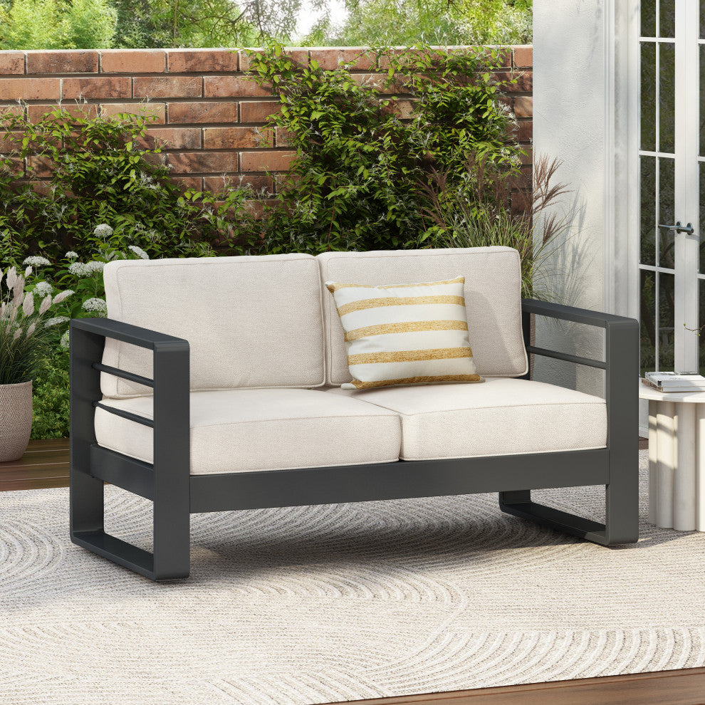 Gadd Outdoor Aluminum Loveseat With Cushions, Black/Beige