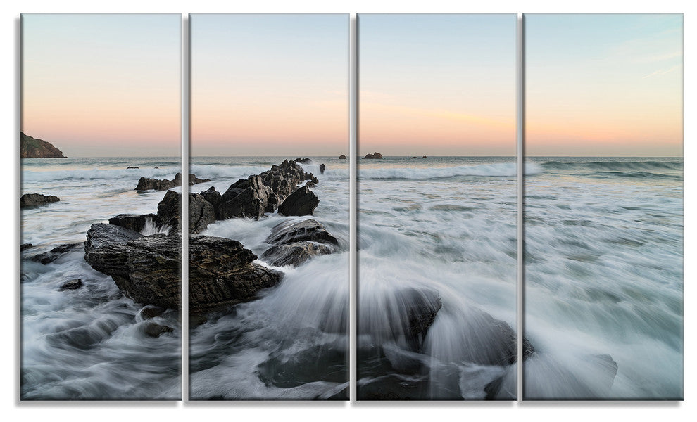 "Bay of Biscay White Waves Hitting Beach" Seascape Wall Art, 4 Panels, 48"x28"