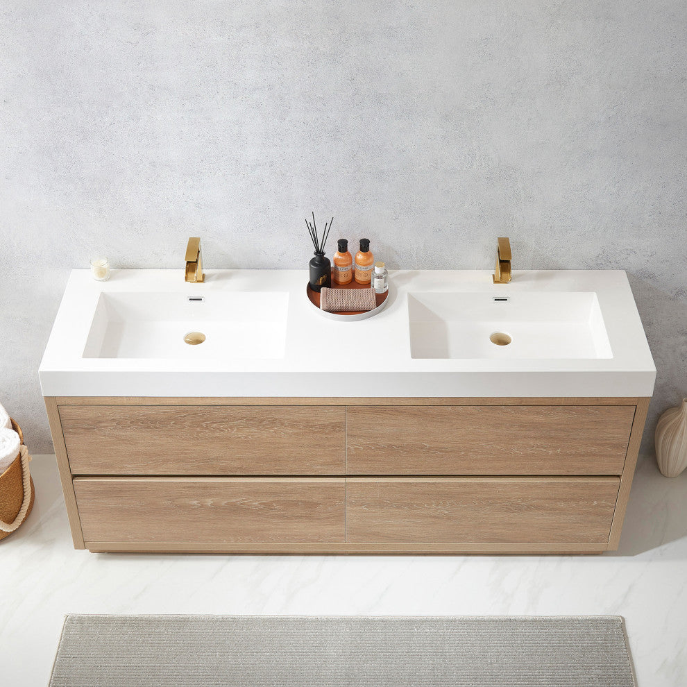 Huesca Bath Vanity, Integrated Sink Top, North American Oak, 72", Without Mirror