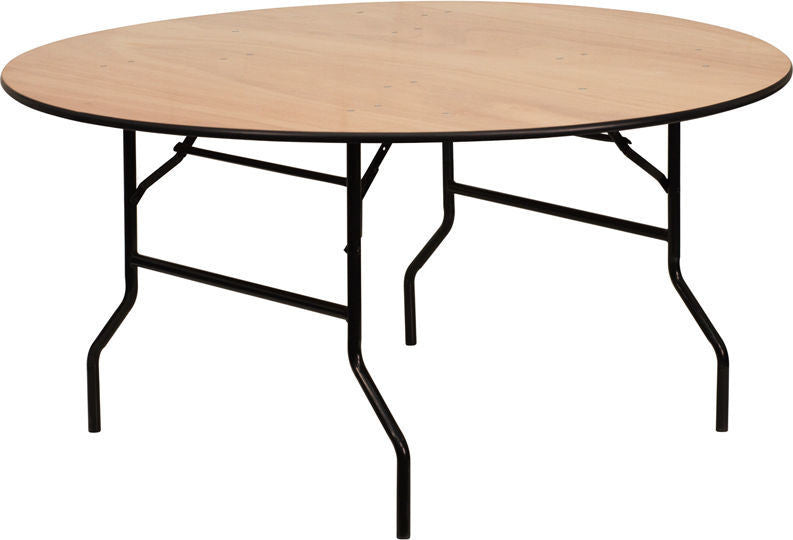 5-Foot Round Wood Folding Banquet Table with Clear Coated Finished Top
