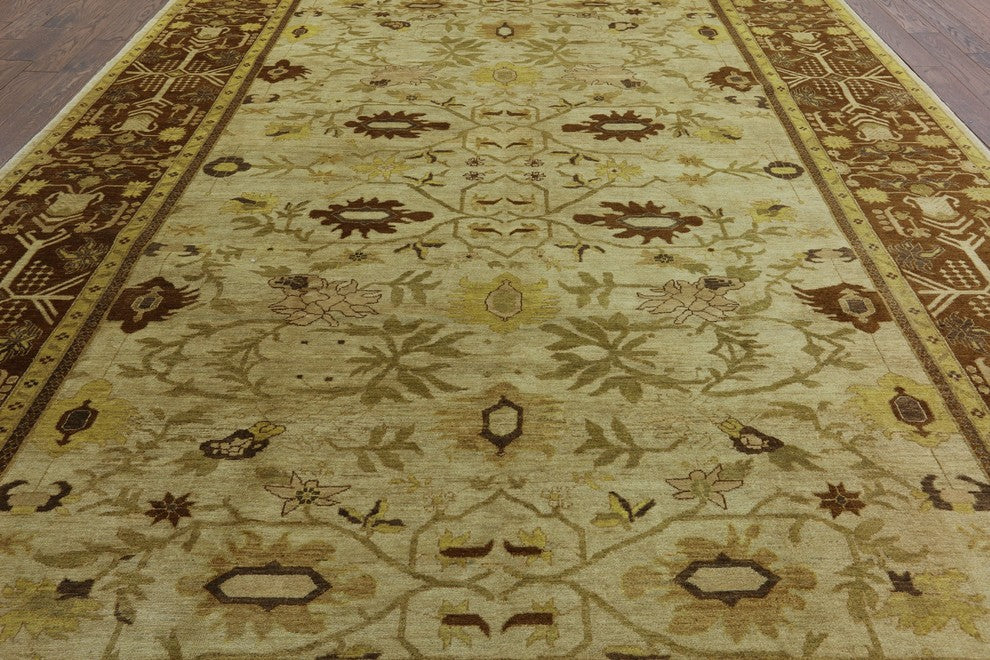 Antique Signed Oriental Peshawar Ivory Hand-Knotted Oushak Wool Rug, 10'x14'