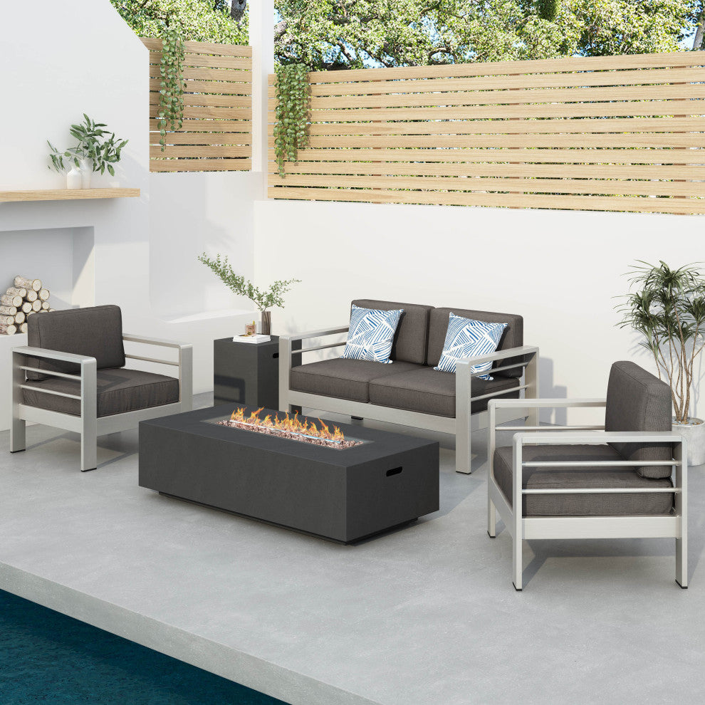 Coral Bay Outdoor Aluminum Khaki Chat Set With Fire Table, Dark Gray