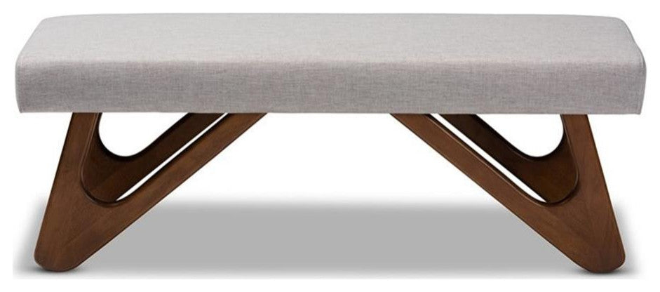 Baxton Studio Rika Greyish Beige Upholstered Walnut Brown Boomerang Bench