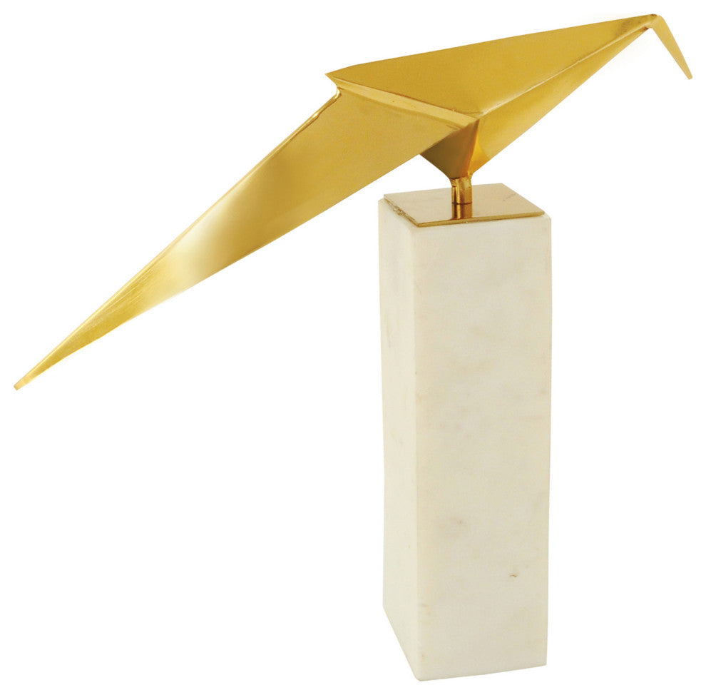 Bird Statue II Gold Finish on Metal with White Marble Base