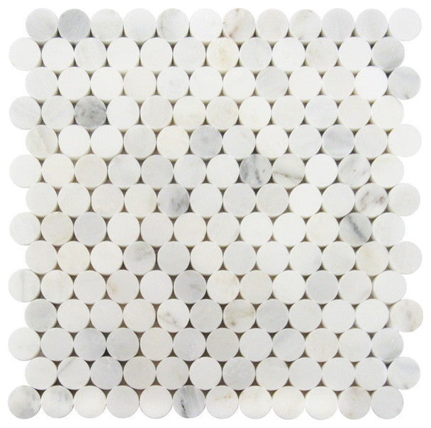 Carrara Penny Round Polished Mosaic Tile, 10 Sq. ft., 1", White
