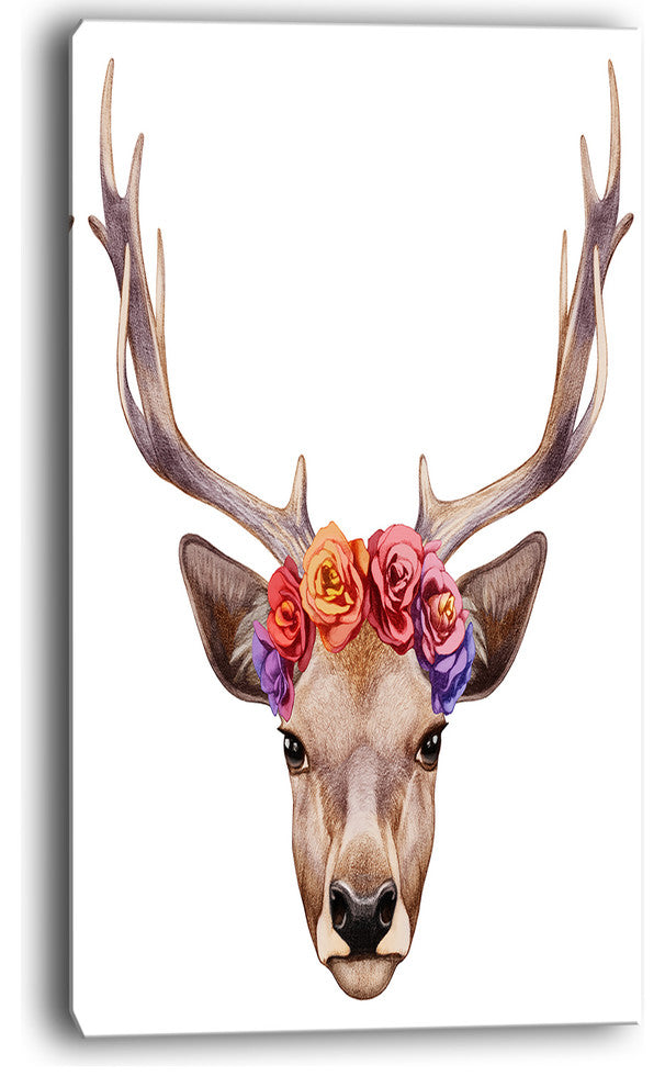 "Deer Portrait With Floral Head" Wall Art, 28"x60", 1 Panel