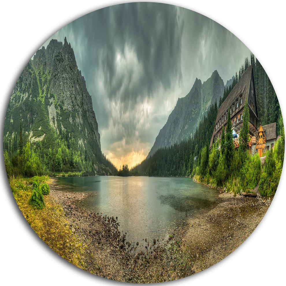 Mountain Chalet At Sunset Panorama, Landscape Round Metal Wall Art, 36"