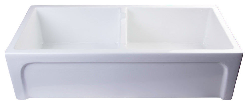 39" White Arched Apron Thick Wall Fireclay Double Bowl Farm Sink