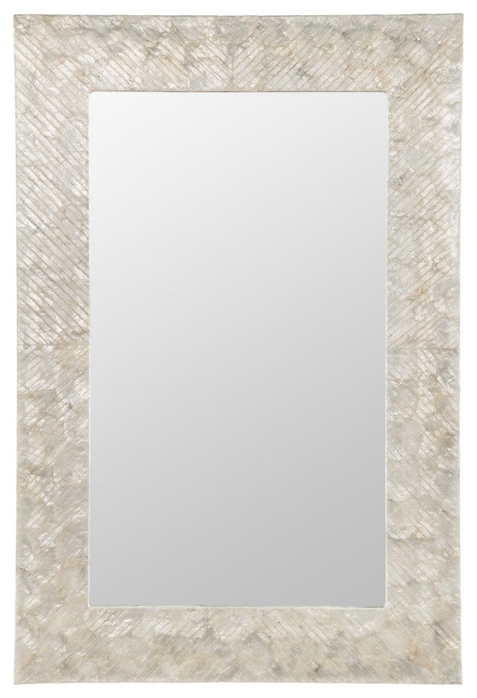 Capiz Seashell Mosaic Rectangular Decorative Wall Mirror, Pearlescent White