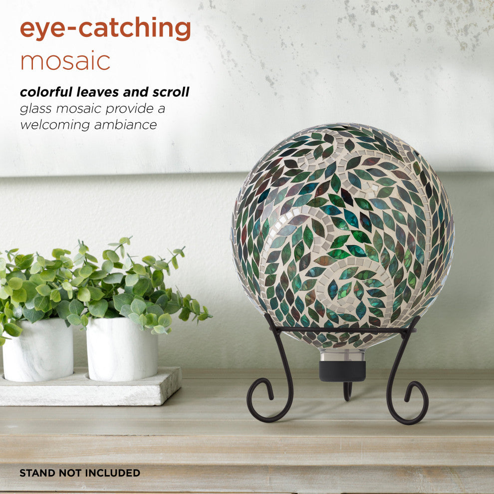 Alpine Multi Color Mosaic Gazing Globe With Leaf Pattern, 11"Tall