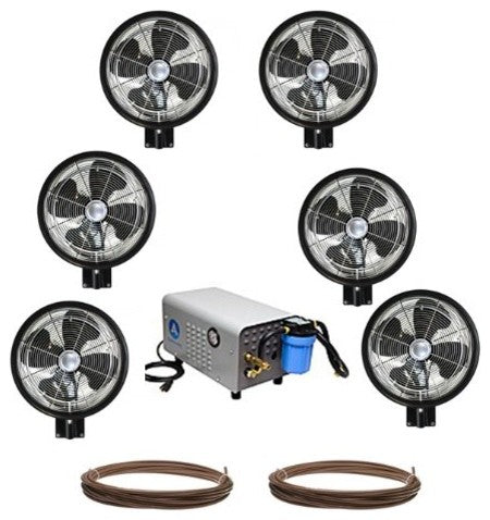 Kit of 6 High Pressure, 18" Oscillating Mist Fans, Enclosed Pump And 100 Feet