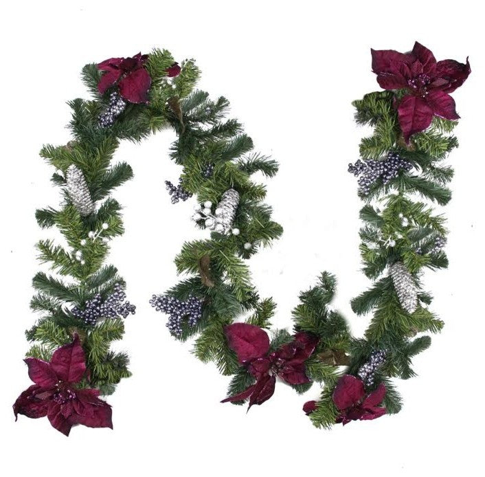 6' x 10" Two-Tone Pine with Purple Poinsettias Berries and Pine Cones Garland