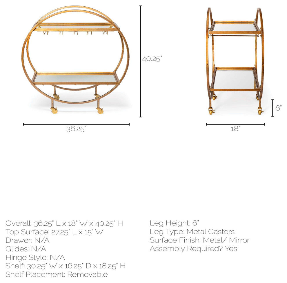 Carola Gold Frame Two-Tier Glass Shelves w/ Stemware Holder Bar Cart