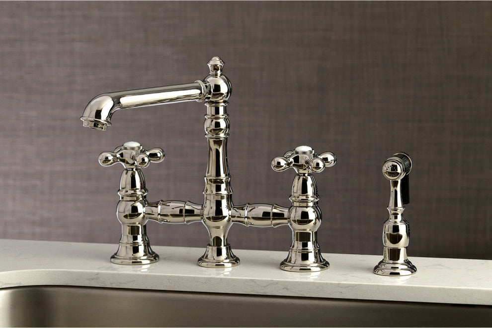 Kingston Brass Bridge Kitchen Faucet With Sprayer, Polished Nickel