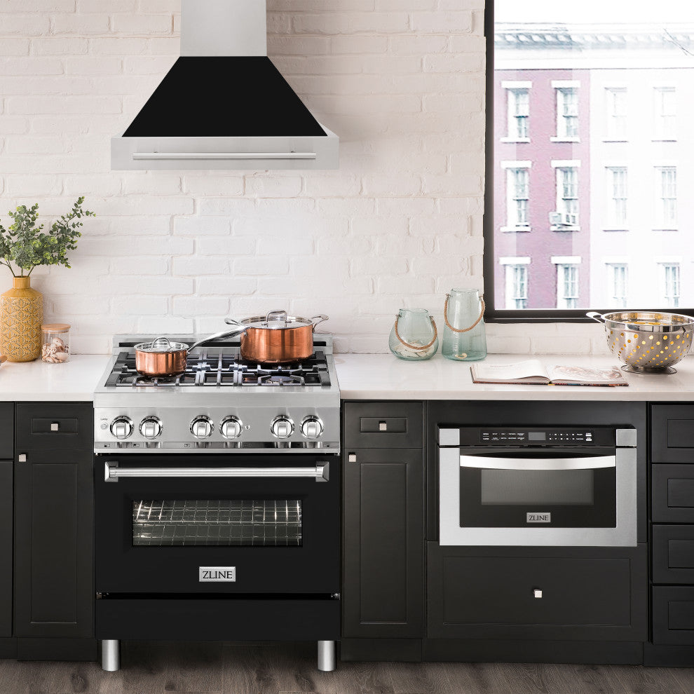 ZLINE 30" Wall Mount Hood Stainless Steel With Black Matte Shell 8654STX-BLM-30