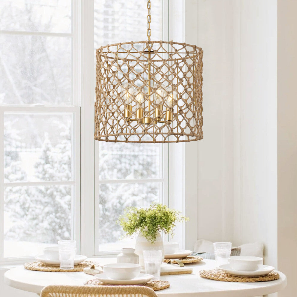 Gold 4-Light Adjustable Pendant Light Fixture With Hemp Rope Woven Craft