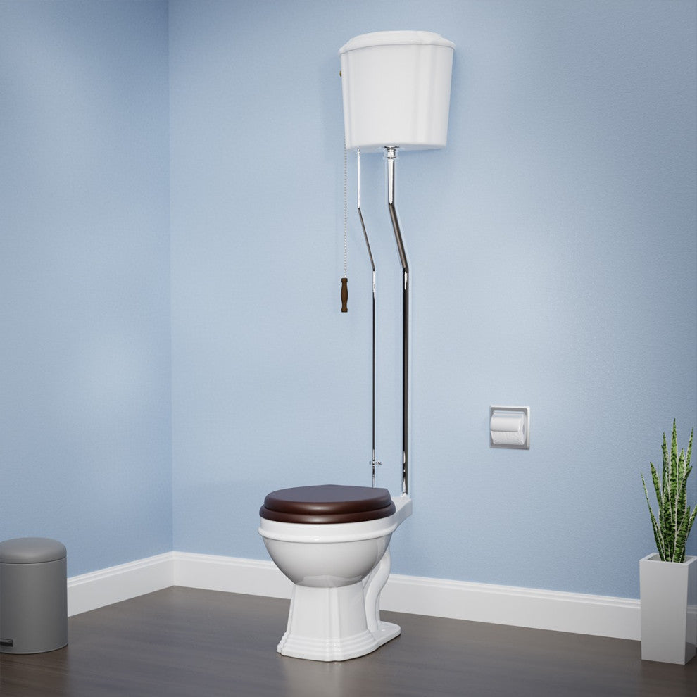 White High Tank Pull Chain Toilet Round Bowl with Chrome L-Pipe Victorian Style
