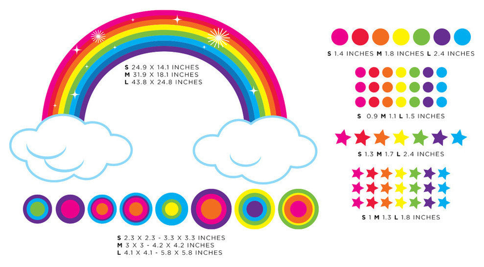 Bright Rainbow Fabric Wall Decal With Polka Dots and Stars, Size Large