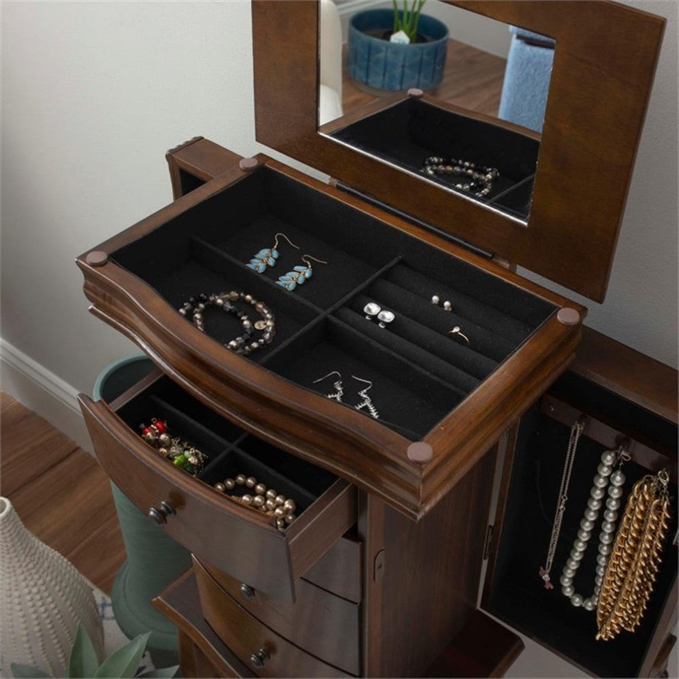 Linon Louis Philippe Wooden Jewelry Armoire 4 Drawers Flip Up Mirror in Walnut