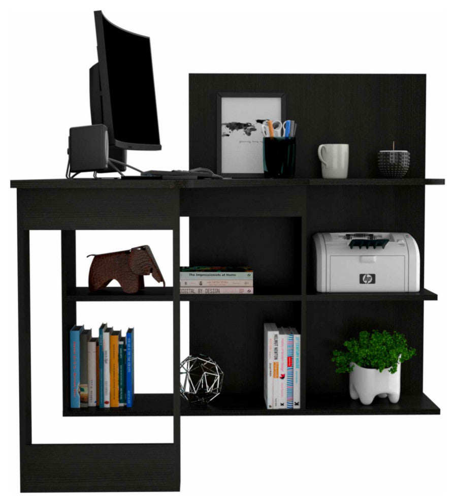Fresno Computer Desk, With 4 Shelves, Black Wengue