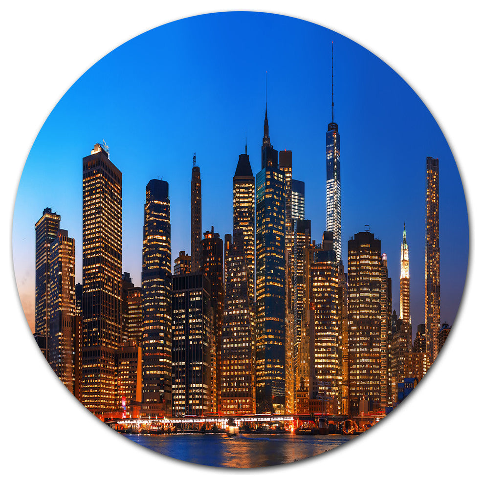Night New York City Panorama, Cityscape Wall Disc Metal Wall Art, 11"